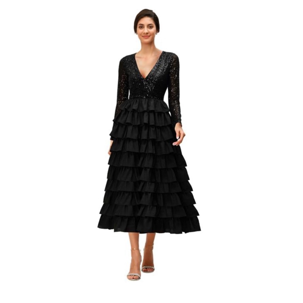 Wayward Fancies Black Sequined Crepe Tiered Ruffle Evening Cocktail Dress Sz 14